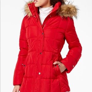 Hooded faux- fur- trim puffer coat